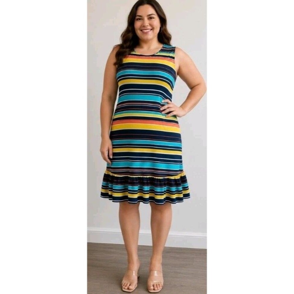 HALOGEN Womens XL Stripes Ruffles Sleeveless Colorful Button Up Summer Dress